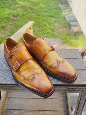 Magnanni 7-M Tan Double Monkstrap Wingtip Leather Mens Dress Shoes
